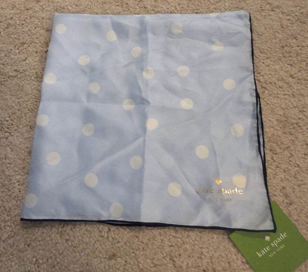 kate spade Light Blue and Cream Polka Dot Silk Scarf with Gold Logo